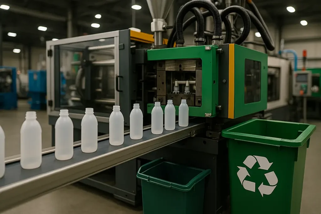 Výrobná linka na plastové obaly – automat stláča plastové fľaše, vedľa stroja sú recyklačné kontajnery so symbolom recyklácie.