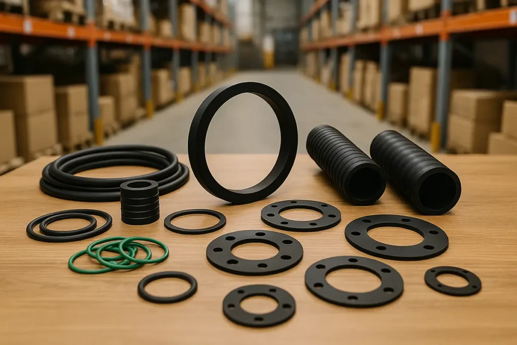 Rôzne gumové výrobky – hadice, tesnenia a podložky vystavené na stole v sklade veľkoskladu.