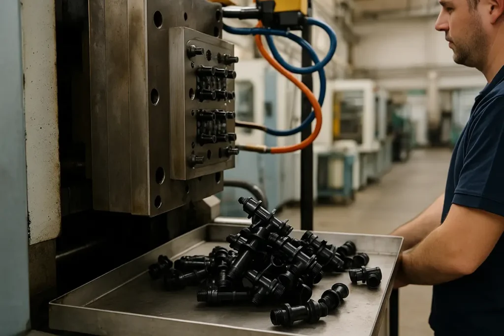 „Výroba plastových dielov – pracovník pri vstrekolise kontroluje čerstvo vyrobené plastové komponenty.