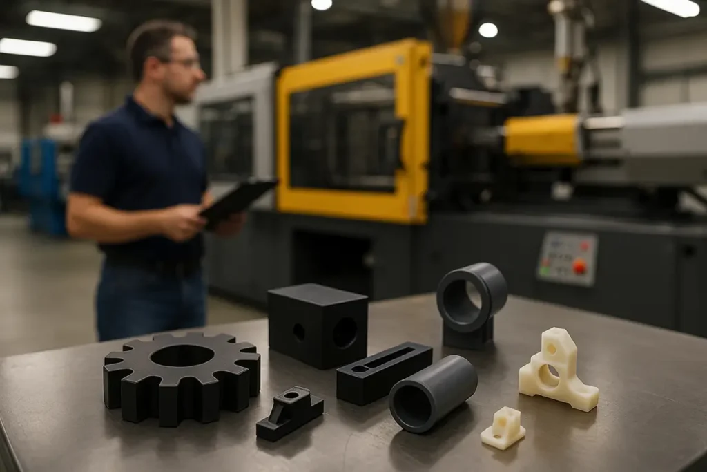 Výroba plastových dielov – technik pri vstrekolise a ukážka hotových komponentov v priemyselnej dielni.