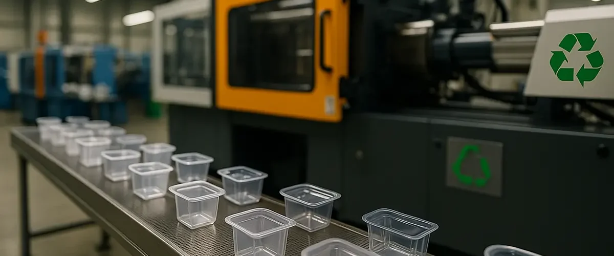 Výrobná linka na plastové obaly – stroje vyrábajú priehľadné kelímky, vedľa je stroj so symbolom recyklácie.