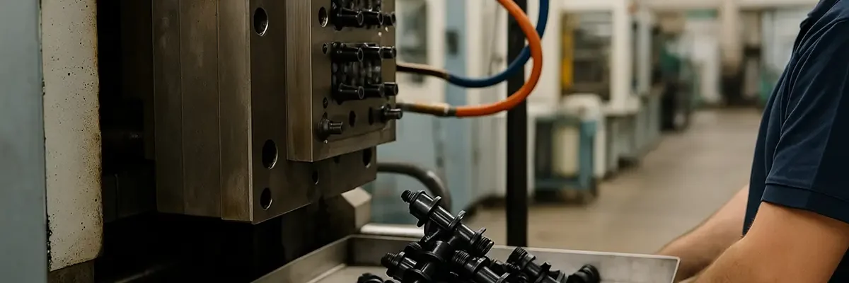 „Výroba plastových dielov – pracovník pri vstrekolise kontroluje čerstvo vyrobené plastové komponenty.